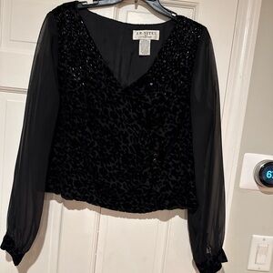 Black Velvet & Chiffon Long-Sleeve V-Neck Blouse